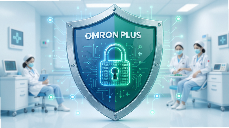 Security shield icon protecting OMRON Plus data, digital lock symbol, privacy protection concept, blue and green color palette, clean medical tech style, high resolution, trustworthy visual, no extra elements