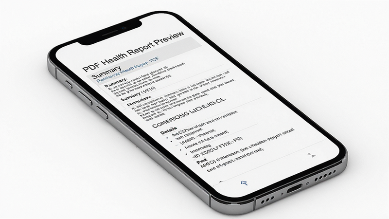 PDF health report preview on phone screen, structured layout with sections for summary and details, professional medical document style, clean typography, white background, realistic phone mockup, high quality, clear text placeholders