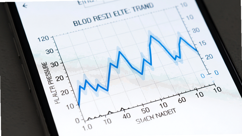 Detailed health trend graph on smartphone screen, blue lines showing blood pressure fluctuations over time, clear axis labels, medical chart style, clean white background, professional data visualization, high resolution, no clutter