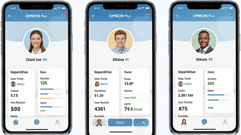 Multiple user profiles on OMRON Plus app, distinct avatars for different family members, clear separation of data sections, user-friendly interface, modern app design, clean background, high resolution, intuitive layout