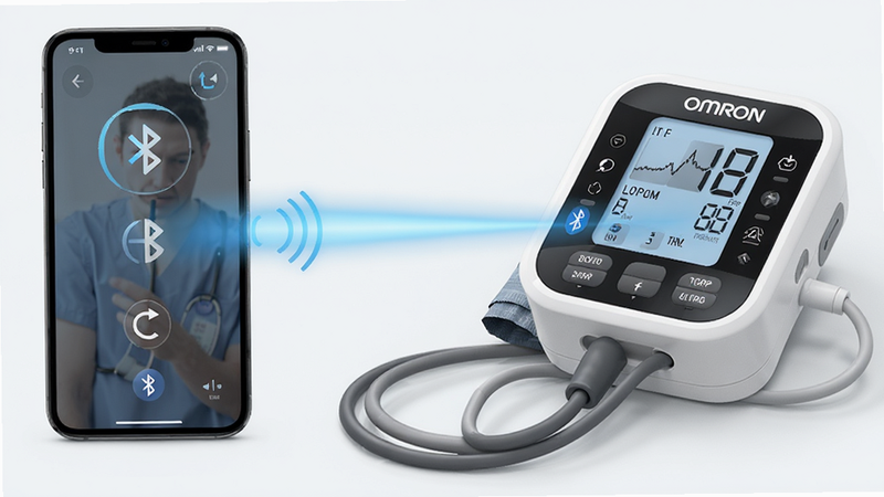 Smartphone connected to OMRON blood pressure monitor via Bluetooth, data syncing visualization, blue light beam connecting devices, medical technology style, clean background, detailed hardware interface, realistic rendering, high quality