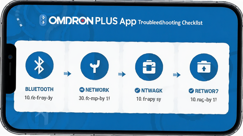 Troubleshooting checklist for OMRON Plus app, step-by-step icons for Bluetooth, Network, Storage, clear instructional graphic, blue and white theme, mobile UI style, clean layout, high resolution, no text clutter