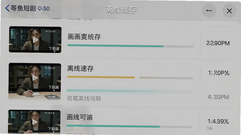 一张展示“等鱼短剧”离线下载界面的UI截图,主体为下载列表页,显示多个视频条目及进度条,布局列表式,排版紧凑,风格扁平化,细节展示下载速度数值,画质高清,干净,无多余元素,文字“离线缓存”清晰标注