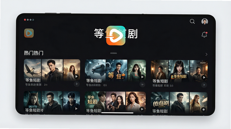 一张展示“等鱼短剧”APP首页界面的高清UI设计图,主体为深色模式背景,中央突出显示“等鱼短剧”Logo,下方排列着热门短剧卡片,布局整齐,排版清晰,风格现代简约,细节丰富,画质高清,干净,无多余元素,文字“等鱼短剧”清晰可见