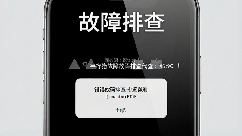 一张手机屏幕故障排查示意图,主体为手机界面出现黑屏或报错弹窗,背景为浅灰色,布局中心突出显示错误代码,风格写实,细节展示手机边框与屏幕反光,画质清晰,干净,无多余元素,文字“故障排查”作为标题元素