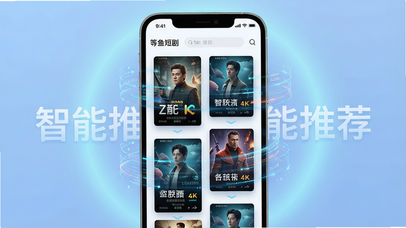 一张概念图,展示手机屏幕中“等鱼短剧”APP的推荐页面,背景为柔和的蓝色光晕,主体是多个悬浮的短剧海报卡片,布局呈瀑布流式,排版有序,风格科技感强,细节展示清晰的数据流动效果,画质4K,干净,无多余元素,文字“智能推荐”作为装饰性背景元素