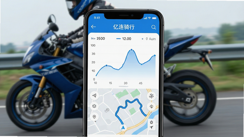 一张高清手机屏幕展示图,主体为“亿连骑行”APP界面,背景是模糊的摩托车骑行场景。界面中央显示实时速度曲线图,下方有轨迹地图导航。风格现代简约,蓝色科技色调,细节清晰,画质8k,干净无多余元素,文字“亿连骑行”清晰可见。