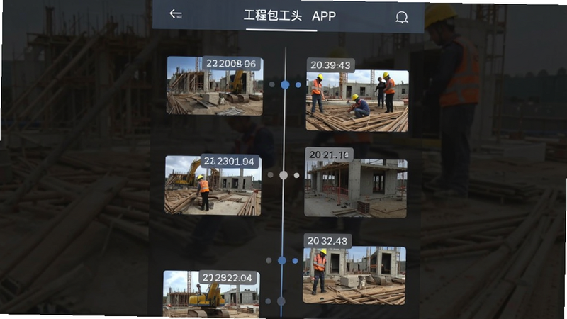 数字包工头APP的工程进度页面,以时间轴形式展示不同阶段的施工现场照片,布局垂直滚动,风格纪实感,细节包含日期标签与照片缩略图,画质真实,干净,无多余元素