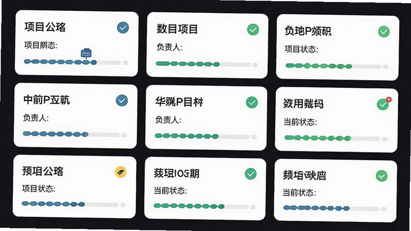 数字包工头APP的项目列表界面,显示多个项目卡片,包含项目名、负责人与当前状态,布局网格状,风格模块化,细节包含进度条与状态图标,画质精细,干净,无多余元素