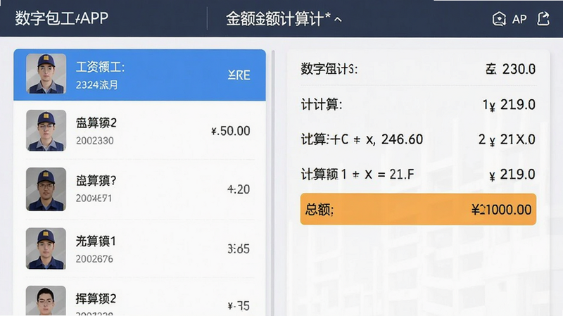 数字包工头APP的工资核算界面,左侧为工人列表,右侧为金额计算区域,布局左右分栏,风格简洁专业,细节显示计算公式与总额高亮,画质锐利,干净,无多余元素
