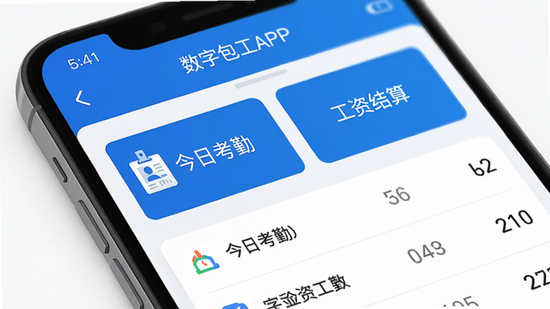 主体为数字包工头APP的手机界面截图,布局清晰,包含“今日考勤”、“工资结算”等核心模块按钮,排版整齐,风格为商务蓝白配色,细节显示工牌图标与数字列表,画质高清,干净,无多余元素