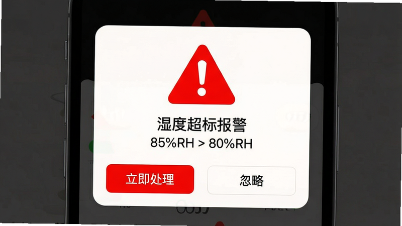 ����Ϊ�ֻ������������棬������΢�䰵��������һ����Ŀ�ĺ�ɫ�����ξ���ͼ�꣬�·�������ʾ��ʪ�ȳ��걨������������ֵΪ��85%RH > 80%RH�����·���������ť�������������͡����ԡ����������ǿ�����ȸУ���ɫ���ɫ�Ա�ǿ�ң�ϸ���������ɾ����޶���Ԫ��