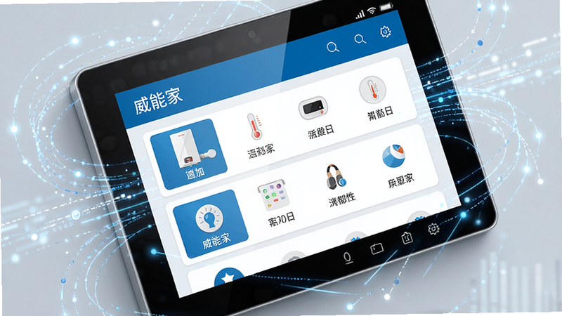 ���ӽǶȵ����ܼҾӿ��������д����Ļ��չʾ�����ܼҡ�App�ڵ��豸�б��������ڹ�¯���¿�����ͼ�꣬������Ʊ�ƽ����ɫ����Ʒ�����Ͱ�ɫΪ������Χ�����ų�������������������ֿƼ����뻥���ԣ�����ϸ�ڣ��޶��౳��Ԫ��