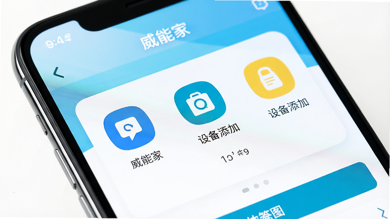 �ֻ���Ļ��д����ʾ�����ܼҡ�App���豸���ӽ��棬����������ͼ����Ŀ������Ϊ���İ�ɫ��ͻ���������̣�������Ӱ���������Ԫ�أ���������