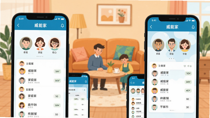 �罻����ͼ�������ж���ֻ���Ļ��ʾ�����ܼҡ�App���棬��Ļ����ʾ��ͥ��Աͷ���Ȩ���б�������Ϊ��ܰ�Ŀ�����������ͥ������Э������ƽ����Ʒ��ɫ��������ϸ���������޶���Ԫ��