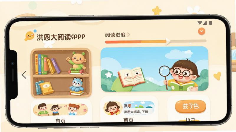 ����Ϊ������Ķ�APP�İ�׿����չʾͼ����������չʾ��ҳ��ܡ��Ķ���������Ȥζ�廭��ɫ���Ű�����������Ԫ�أ����Ϊ��ܰ��ƽ����ͨ��ƣ�ϸ�ڰ�����͵��׻�ɫ������Բ���UI��ť�����ʸ��壬�ɾ����޶���Ԫ�أ����ֱ�ע��������Ķ���