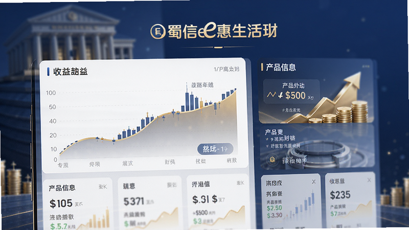 蜀信e惠生活APP的理财页面,展示收益曲线图和产品信息,风格稳重,金色与蓝色搭配,体现财富增值概念,高清,无杂乱元素