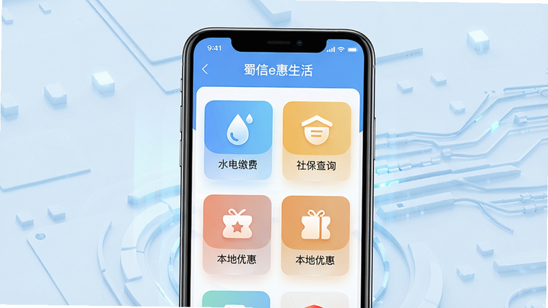 一张展示蜀信e惠生活APP界面的概念图,主体为手机屏幕,屏幕内显示清晰的首页布局,包含“水电缴费”、“社保查询”、“本地优惠”等图标,背景为干净的浅蓝色科技风,界面设计简洁现代,文字清晰可见,高清,无多余元素