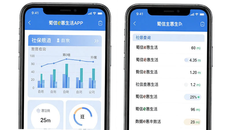 蜀信e惠生活APP的社保查询界面,显示图表和数据列表,风格专业严谨,蓝色主色调,体现数据安全感,高清,界面清晰