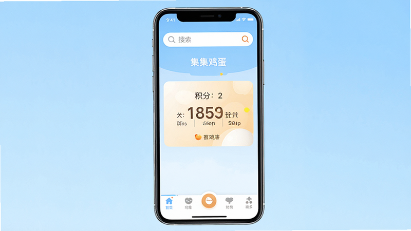 主体为智能手机屏幕,显示“集集鸡蛋”APP首页界面,布局清晰,顶部为搜索栏,中部为积分展示区,底部为功能导航栏,风格扁平化设计,细节包含积分数字高亮,画质高清,干净,无多余元素,背景为浅蓝色渐变