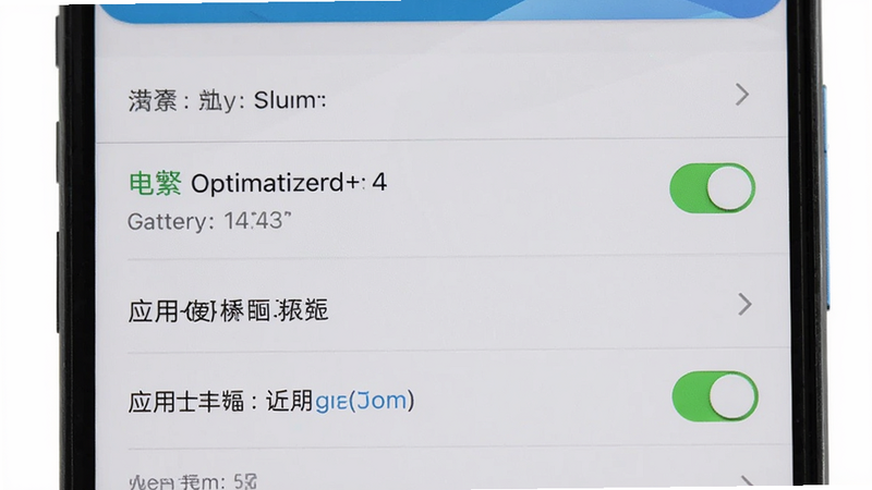 主体为手机设置界面,显示电池优化和应用权限设置,布局清晰,排版列表式,风格系统原生UI,细节包含开关按钮高亮,画质清晰,干净,无多余元素,背景为白色