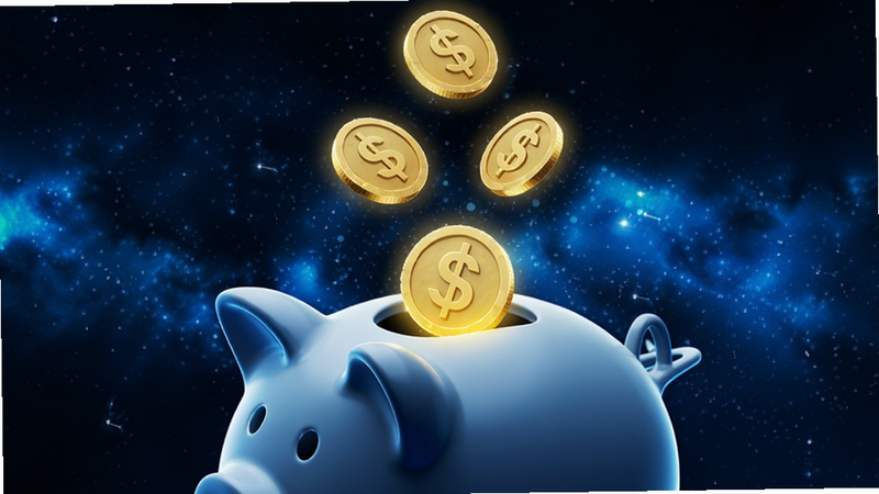 主体为抽象概念图,展示金币不断落入存钱罐的过程,布局居中,排版简洁,风格科技感,细节包含金币发光效果,画质超清,干净,无多余元素,背景为深蓝色星空