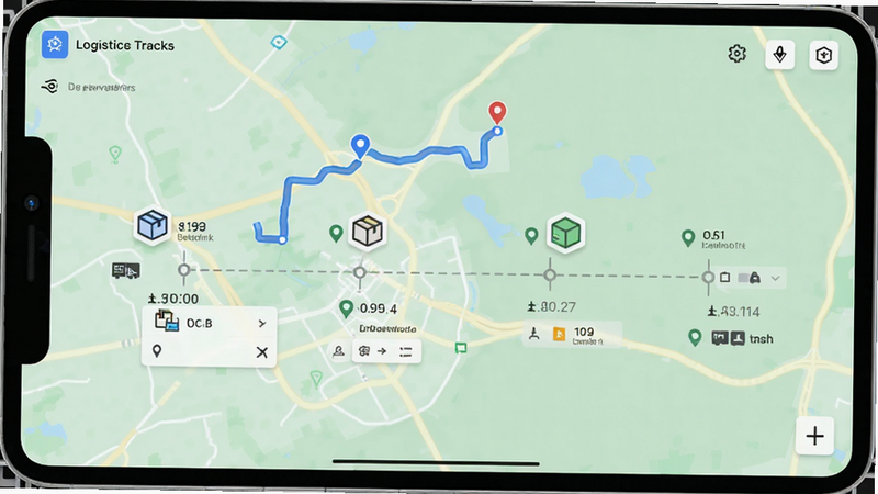 主体为物流追踪界面,显示地图轨迹和节点信息,布局动态,排版时间轴式,风格地图导航UI,细节包含包裹图标和位置标记,画质清晰,干净,无多余元素,背景为浅绿色地图