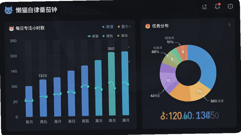 ���ݷ����Ǳ��̽��棬���������ɫͼ��������״ͼ��ʾÿ��רעСʱ������ͼ��ʾ����ֲ����������࣬���ݱ�ǩ���������֡���è���ɷ����ӡ���רҵ�ԣ���ҵ��Ʒ�񣬸߷ֱ���