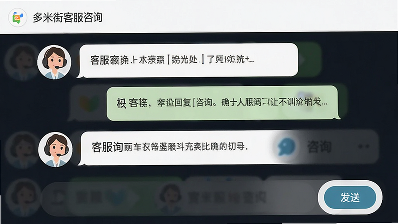 主体为多米街客服咨询界面,布局为对话气泡形式,排版清晰,风格友好,细节包含客服头像、回复气泡、发送按钮,画质清晰,干净,无多余元素,文字包含