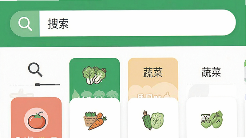 主体为多米街App搜索与分类界面,布局为上下结构,上部为搜索框,下部为分类标签,排版清晰,风格扁平化,细节包含放大镜图标、分类卡片,画质清晰,干净,无多余元素,文字包含