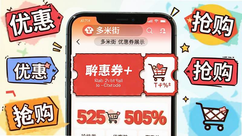 主体为多米街优惠券展示界面,布局为中心突出,四周环绕促销标签,排版活泼,风格鲜艳,细节包含红色优惠券、折扣百分比、购物车图标,画质清晰,干净,无多余元素,文字包含