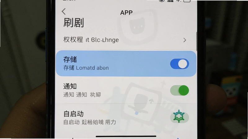 手机设置界面截图,显示“刷剧”APP的权限管理页面,高亮显示“存储”、“通知”、“自启动”等权限开关,界面清晰,文字可读,模拟真实手机系统风格,高清细节