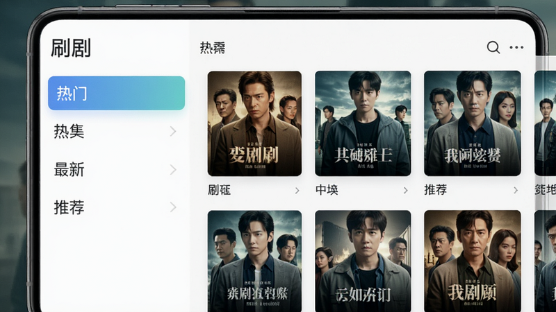 展示“刷剧”APP内的剧集分类页面,左侧是分类列表如“热门”、“最新”、“推荐”,右侧是对应的剧集列表,每部剧都有清晰的封面图和标题,界面整洁,色彩搭配和谐,移动端UI设计,高清晰度