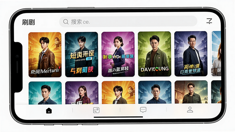 一张高清手机屏幕截图,显示名为“刷剧”的应用主界面,顶部有搜索栏,中间是网格状排列的短剧封面海报,色彩鲜艳,底部有导航栏,整体风格现代简洁,UI设计精致,4k高清,无水印,干净背景