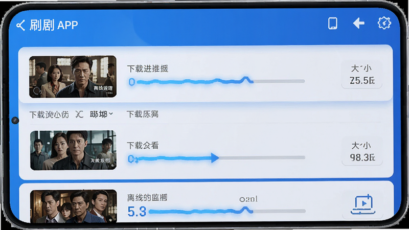 “刷剧”APP的缓存管理界面,显示已下载的剧集列表,每个条目旁有下载进度条和大小标识,界面简洁明了,突出“离线观看”功能,科技感蓝色调,高清渲染,无杂乱元素