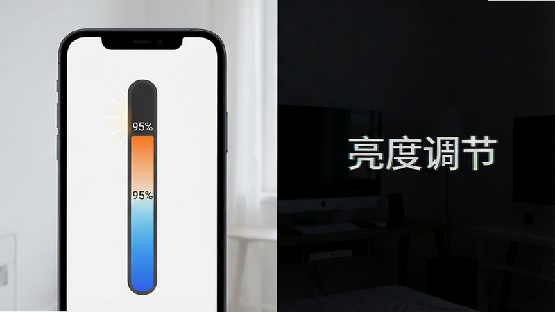 主体为手机侧面视角,屏幕亮度条正在动态变化,背景为昏暗室内,布局左右对称,排版扁平化设计,风格简约科技,细节展示光线强度百分比数字“95%”,画质高清,干净,文字“亮度调节”清晰