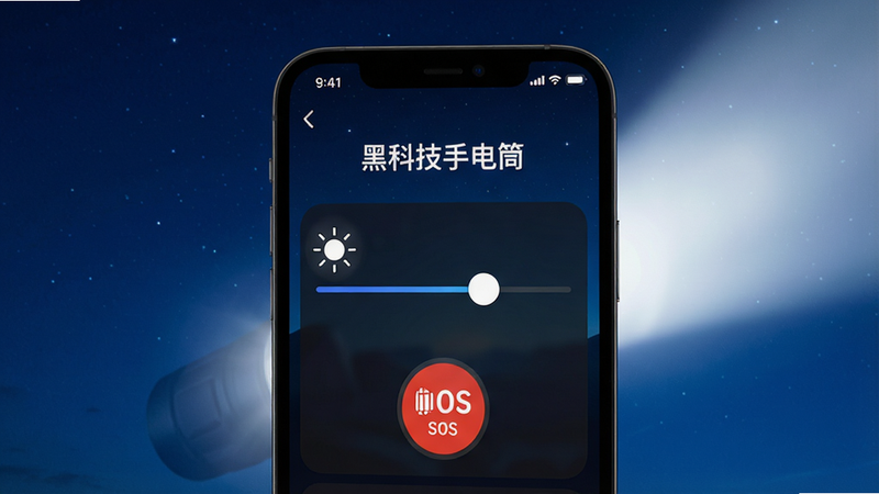 主体为手机屏幕特写,显示“黑科技手电筒”APP界面,背景为深蓝色夜空,手机发出强烈白光照射前方,布局居中,排版简洁现代,风格科技感强,细节展示屏幕亮度调节滑块和紧急SOS按钮,画质8k高清,干净无多余元素,文字清晰可读