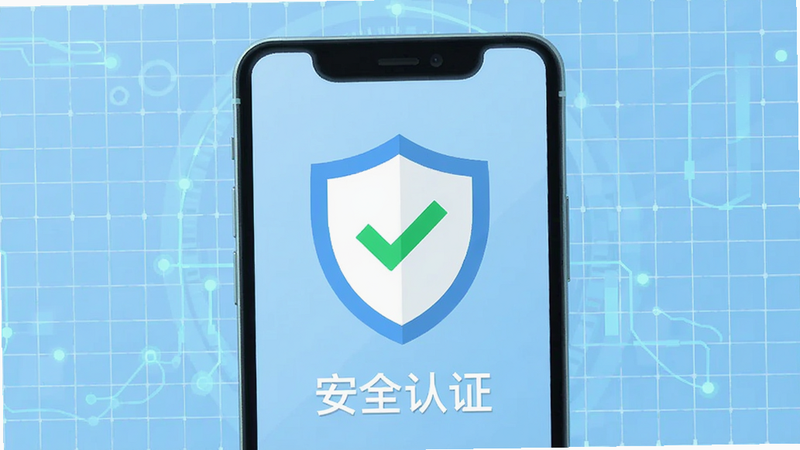 主体为手机屏幕显示安全盾牌图标,背景为浅蓝色科技网格,布局居中对称,排版简洁,风格扁平化,细节展示绿色对勾和“安全认证”字样,画质清晰,干净,无其他干扰