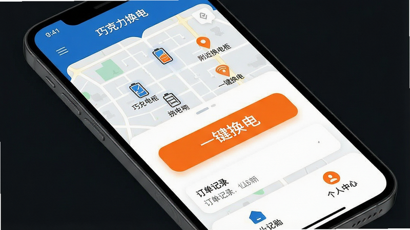 一张现代简约风格的手机应用界面展示图,主体为“巧克力换电”APP首页,布局清晰,顶部显示地图定位与附近换电柜分布,中部突出“一键换电”大按钮,底部为订单记录与个人中心入口,风格扁平化,色调采用科技蓝与活力橙搭配,细节处有电池电量图标与定位信号标识,画质高清,干净无多余元素