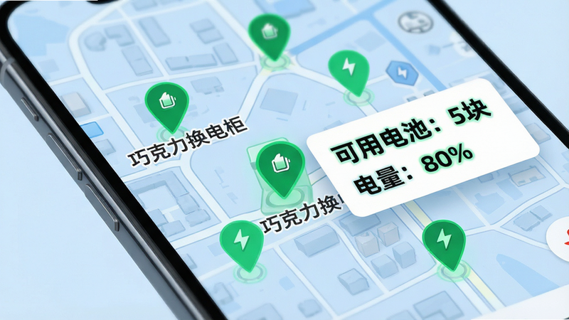 手机地图界面特写,显示城市街道地图,多个绿色定位点标记着“巧克力换电柜”,旁边悬浮卡片显示“可用电池:5块”,“电量:80%”,背景为淡蓝色地图底色,线条清晰,文字加粗高亮,风格现代科技感,细节丰富,画质纯净,无杂乱背景