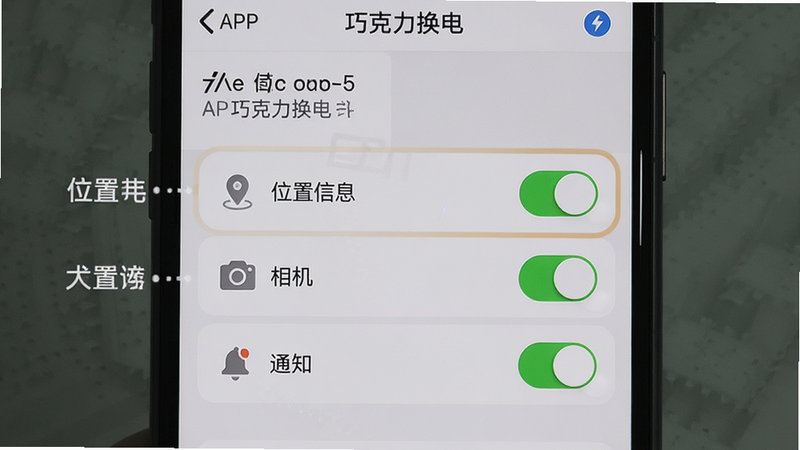 手机屏幕截图风格的教程图,展示“巧克力换电”APP的权限设置界面,重点高亮“位置信息”、“相机”和“通知”三个开关,背景为浅灰色,文字清晰,布局简洁,风格扁平化,细节标注清晰,无多余装饰,画质高清
