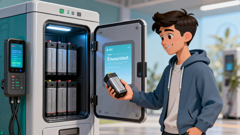 用户正在操作换电柜的场景插画,一个穿着休闲装的年轻人站在智能换电柜前,手中拿着电池,换电柜门上打开,内部电池整齐排列,光线明亮,动作流畅自然,背景虚化处理,突出操作便捷性,风格写实与卡通结合,色彩鲜明,细节精致,画质高