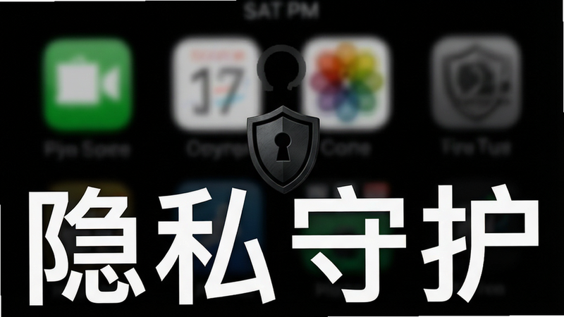 主体为锁屏界面展示,布局显示模糊处理的图标与纯黑背景,风格为深邃神秘感,细节体现数据加密的盾牌符号,画质高对比度,干净,无多余元素,文字“隐私守护”