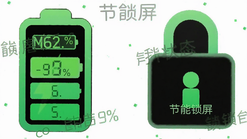 主体为电池图标与锁屏图标组合,布局平衡对称,风格为清新绿色调,细节展示电量百分比与锁定状态的对比,画质明亮清晰,干净,无多余元素,文字“节能锁屏”