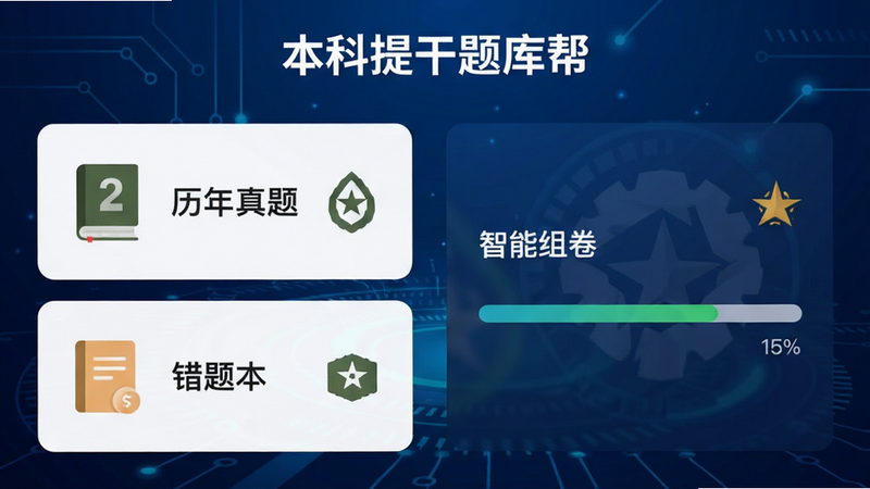主体为“本科提干题库帮”APP的高清界面截图,布局采用现代扁平化设计,左侧展示“历年真题”与“错题本”功能模块,右侧显示“智能组卷”进度条,背景为深蓝色科技风渐变,细节处体现军事元素图标,画质4k,干净无多余元素,文字清晰可见“本科提干题库帮”