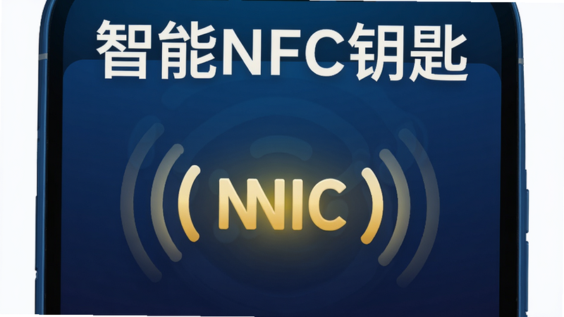主体为深蓝色渐变的智能手机正面特写,屏幕中央显示一个发光的金色NFC图标,周围环绕着抽象的无线信号波纹,背景为纯白色,极简扁平化设计风格,文字“智能NFC钥匙”位于手机上方,字体清晰醒目,8K分辨率,高清晰度,干净无多余元素