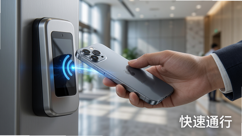 主体为一部现代智能手机背面靠近银色门禁读卡器的场景,手机与读卡器之间有蓝色的光效连接表示信号传输,人物手部动作自然,背景为模糊的办公大楼大厅,写实风格,光线明亮,文字“快速通行”位于右下角,4K画质,细节丰富
