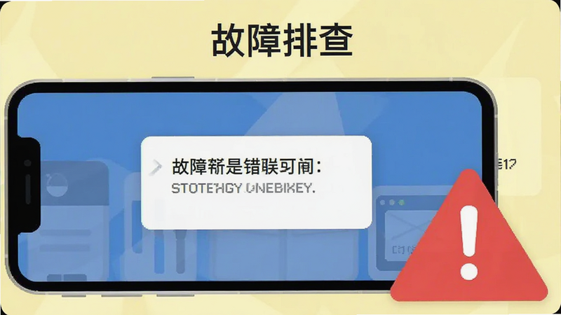 主体为一部智能手机屏幕显示错误提示弹窗,旁边有一个红色的警告三角图标,背景为淡黄色的故障排查界面,风格为扁平化UI设计,文字“故障排查”位于顶部,清晰直观,无多余装饰