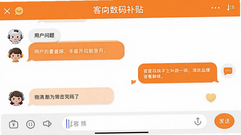 主体为电子数码补贴App的客服咨询界面,布局为对话气泡形式,左侧显示用户问题,右侧显示官方回答,风格为友好亲切的橙色主色调,细节处包含“发送”按钮和输入框,画质清晰,无干扰元素