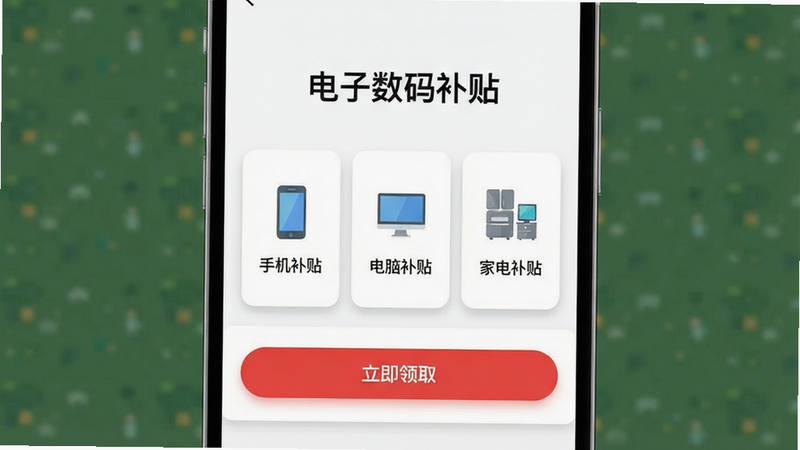 主体为电子数码补贴App的主界面截图,布局采用居中卡片式设计,顶部显示“电子数码补贴”标题,中间展示“手机补贴”、“电脑补贴”、“家电补贴”三个主要入口图标,底部有“立即领取”红色按钮,风格为现代扁平化UI,细节处包含清晰的文字标签和柔和的阴影效果,画质高清,干净无多余元素